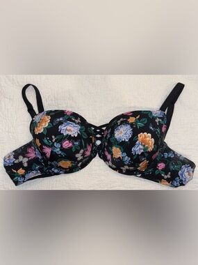 Torrid Floral Push Up Bra 44C Black Multi Color Butterfly Lace Up Front